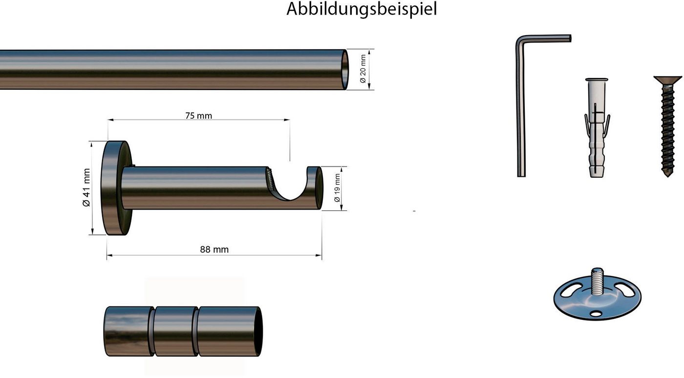 indeko Gardinenstange Hamburg, Ø 20 mm, 1-läufig, Wunschmaßlänge, mit Bohren, verschraubt, Metall, Komplett-Set inkl. Montagematerial – Bild 5 von 5