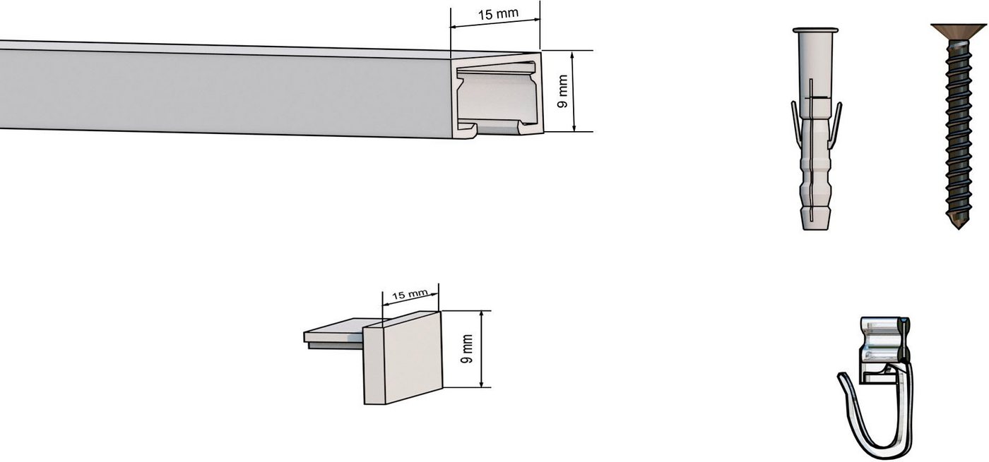 indeko Schienensystem Objektschiene, 1-läufig, Wunschmaßlänge, mit Bohren, verschraubt, Aluminium, Kunststoff, Innenlauf Gardinenschiene, Set inkl. Gleitern & M – Bild 3 von 4