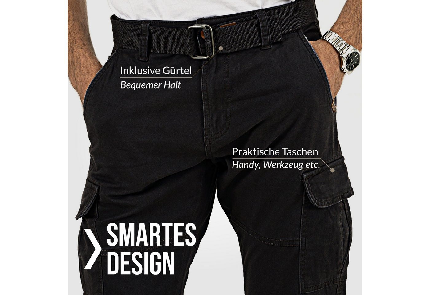 INDICODE Cargohose Herren William Cargo Hose Herrenhose mit 7 Taschen, inkl. Gürtel – Bild 3 von 5
