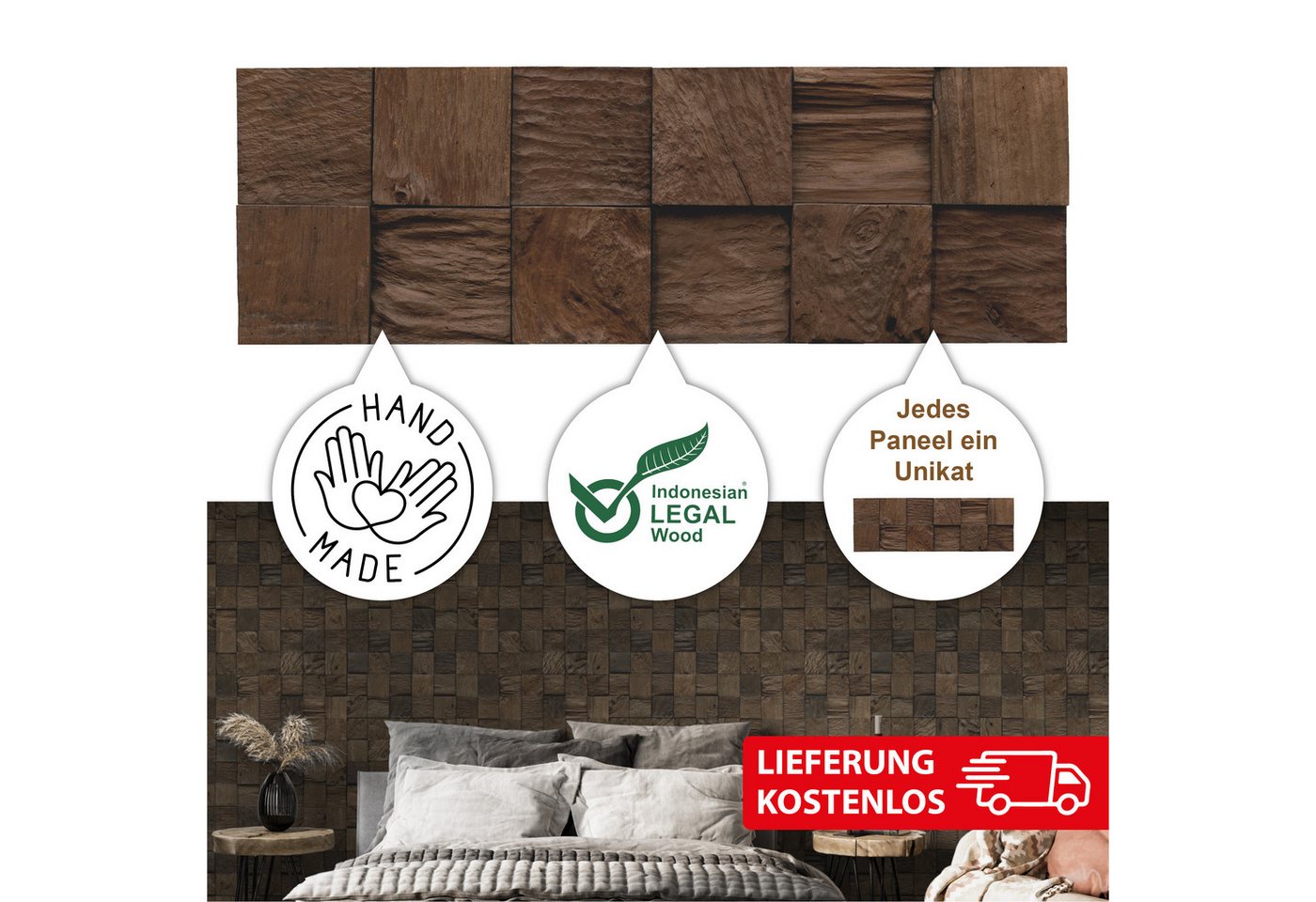 INDO 3D Wandpaneel Teak Classic Cube echte Altholz Wandverkleidung zum kleben, BxL: 18,40x55,20 cm, 0,10 qm, (Packung, Versandkostenfreie Lieferung) schallreduz – Bild 2 von 5