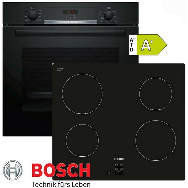 BOSCH Induktions Herd-Set Bosch Serie 4 Autark Einbau Backofen Schwarz und Kochfeld Induktion, mit 1-fach-Teleskopauszug, -EcoClean (Rückwand) Backofen, 3D-Luft