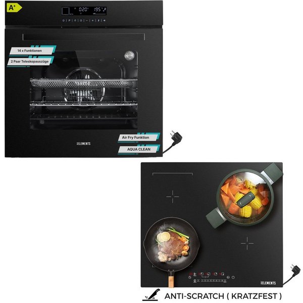 KB Elements Induktions Herd-Set KB ELEMENTS Herdset Backofen 60cm, Kratzfestes Induktionskochfeld 60cm, mit 2-fach-Teleskopauszug, AQUA CLEAN, Backofen Full Tou