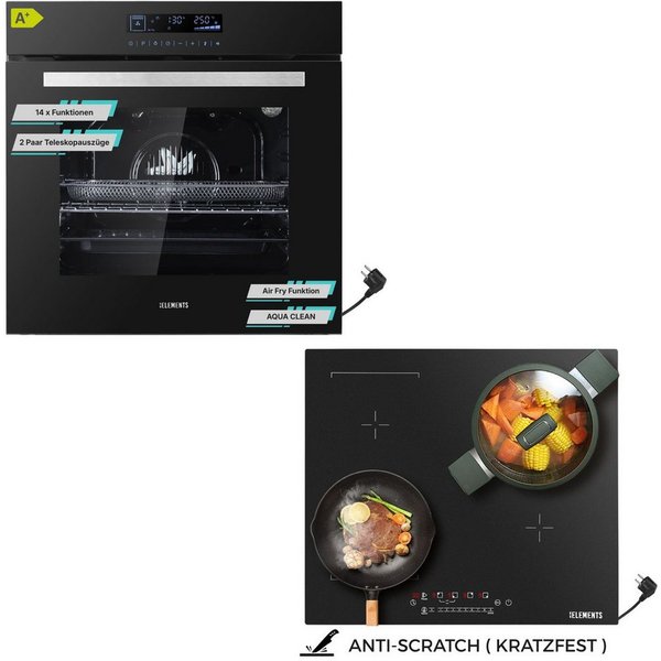 KB Elements Induktions Herd-Set KB ELEMENTS Herdset Backofen 60cm, Kratzfestes Induktionskochfeld 60cm, mit 2-fach-Teleskopauszug, AQUA CLEAN, Backofen Full Tou