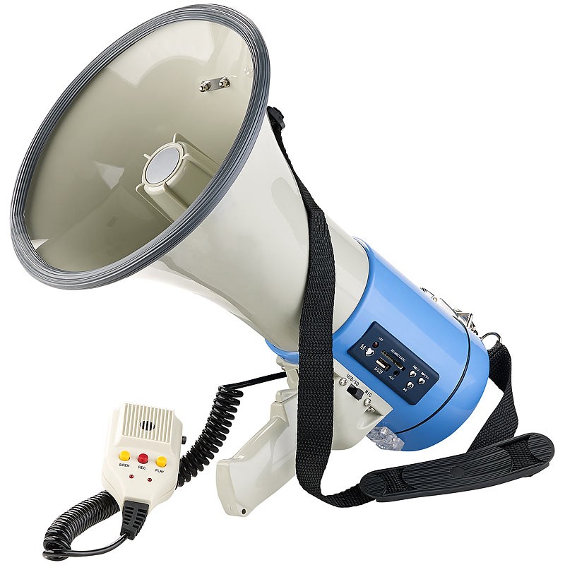 infactory MP3-Megafon mit Voice-Recording, Wiedergabe von USB, SD & AUX, 50 Watt
