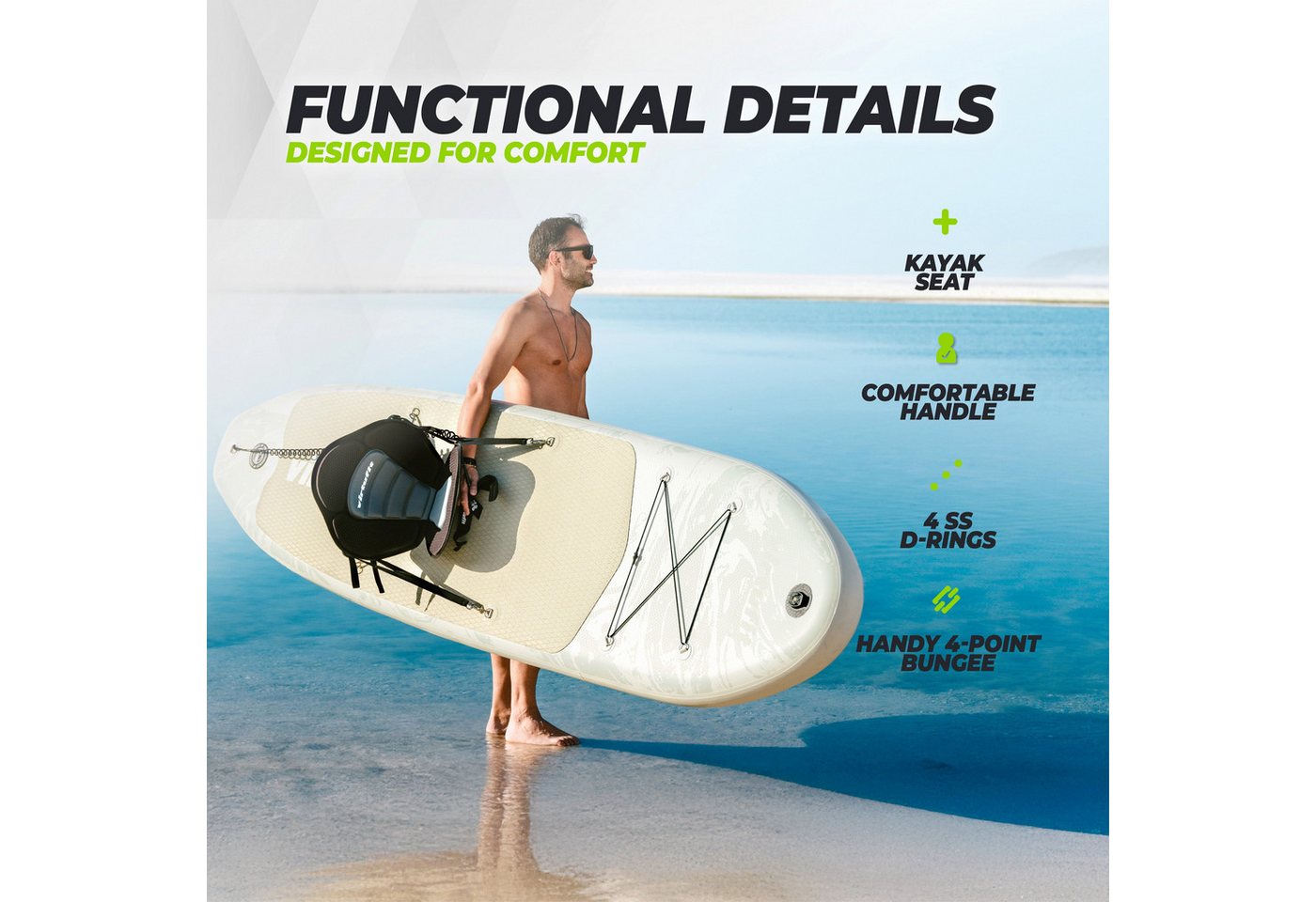 VirtuFit Inflatable SUP-Board Cruiser 305 - Schwarz - mit Kajaksitz, Zubehör und Tragetasche – Bild 4 von 5
