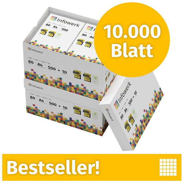 Infowerk Druckerpapier Kopierpapier 10000 Blatt A4 80g Premium Weiß Testsieger PEFC, PEFC-Zertifikat (GFA-PEFC-COC-500582)