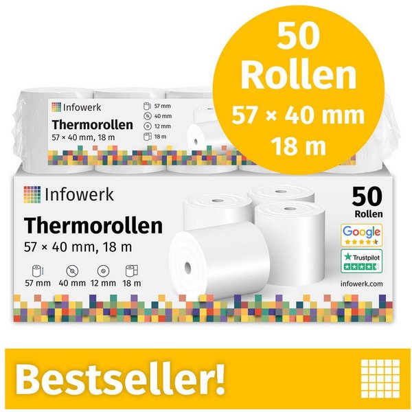 Infowerk Endlospapier Thermorollen, 57 x 40 x 12mm, 18m, PEFC, Für EPSON, IBM, u.v.m., PEFC-Zertifikat (GFA-PEFC-COC-500582)