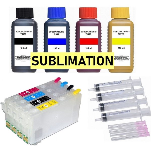 inkpro nachfüllbare Patronen 405 XL mit 4 x 100 ml Sublimationstinte, Tintenpatrone (für Epson WorkForce WF-7310, WF-7830, WF-7835, WF-7840, WorkForce Pro WF-38