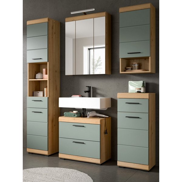 Inn.Furn Badmöbel-Set Shawn, (Badezimmer in Salbei grün und Artisan Eiche, Komplett-Set 5-teilig, 164 x 191 cm), mit extra viel Stauraum