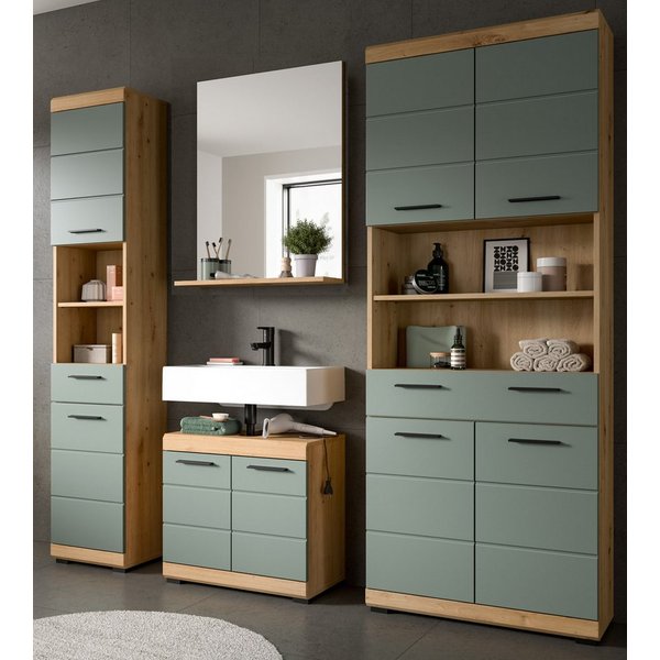 Inn.Furn Badmöbel-Set Shawn, (Badezimmer in Salbei grün und Artisan Eiche, 4-teilig, 200 x 191 cm), mit viel Stauraum