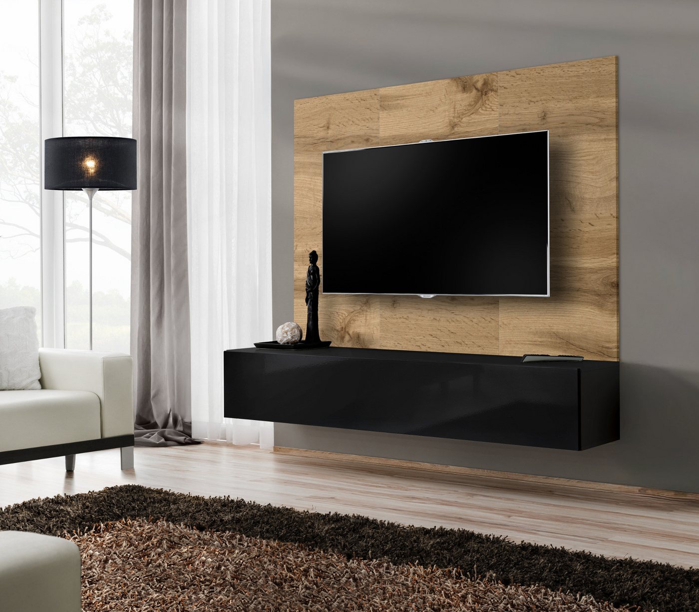 Inn.Furn Wandpaneel Public, BxL: 60x118 cm, (Flat-TV Rückwandpaneel in Eiche Wotan, 180 x 118 cm) mit Ausschnitt für TV-Wandhalterung – Bild 4 von 5