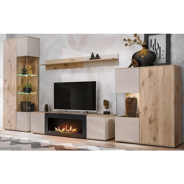 Inn.Furn Wohnwand Cathlyn, (Schrankwand 4-teilig mit integriertem Ethanol Kamin, Eiche mit Kaschmir, 350 x 197 cm), mit Push-To-Open, inklusive Beleuchtung