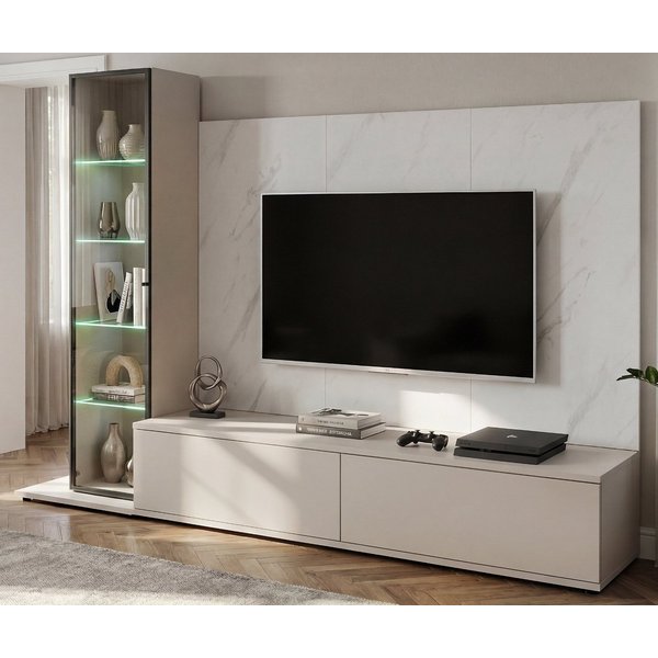 Inn.Furn Wohnwand Charm, (Mediawand Set 3-teilig in Kaschmir / Sand und Marmor, 240 x 175 cm), mit Push-To-Open, inklusive Beleuchtung