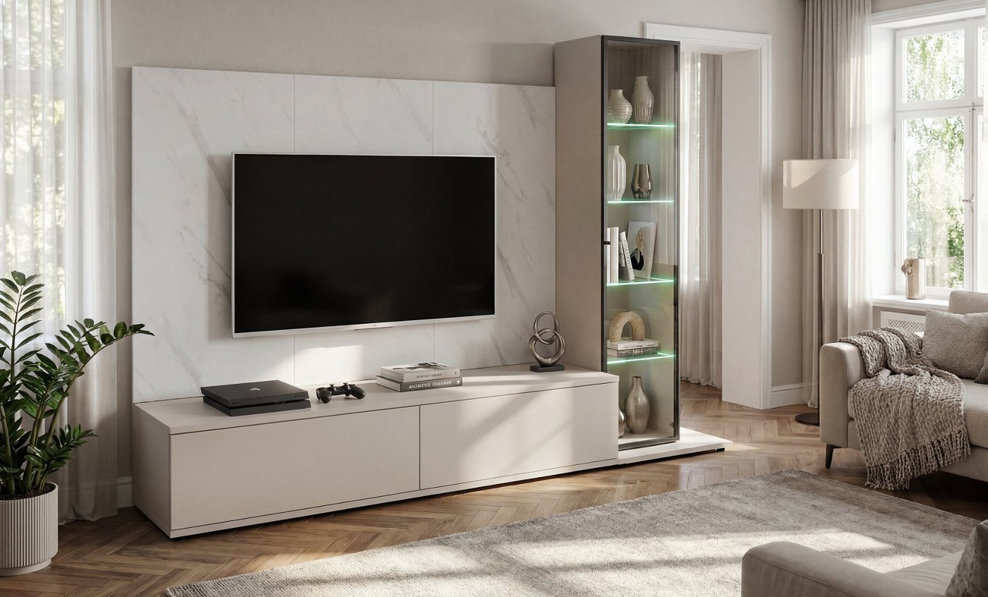 Inn.Furn Wohnwand Charm, (Mediawand Set 3-teilig in Kaschmir / Sand und Marmor, 240 x 175 cm), mit Push-To-Open, inklusive Beleuchtung – Bild 2 von 5