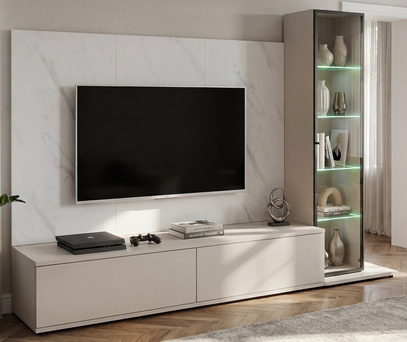 Inn.Furn Wohnwand Charm, (Mediawand Set 3-teilig in Kaschmir / Sand und Marmor, 240 x 175 cm), mit Push-To-Open, inklusive Beleuchtung – Bild 5 von 5