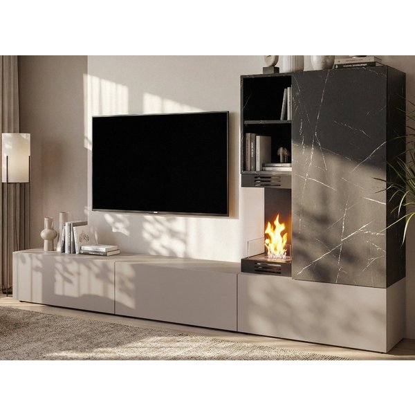 Inn.Furn Wohnwand Cosy, (TV Schrankwand in Marmor und hellem Grau, 6-St., integrierter Kamin, 270 x 158 cm), mit viel Stauraum und Push-To-Open-Funktion