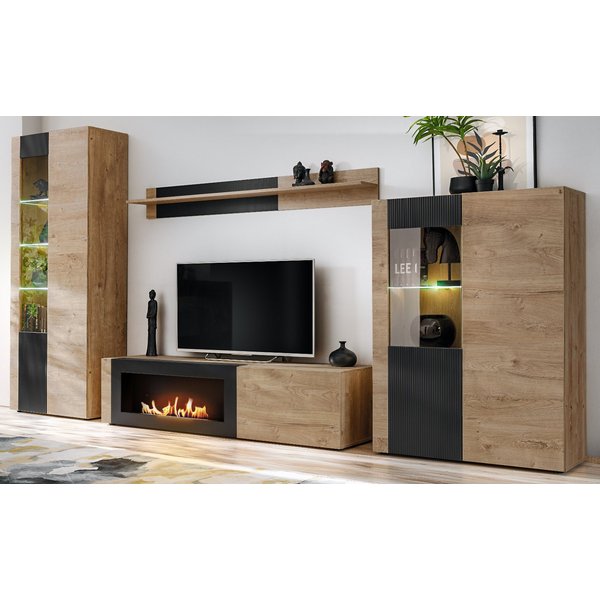 Inn.Furn Wohnwand Heron, (Schrankwand mit integriertem Kamin, 4-St., Eiche und Schwarz, 350 cm), Push-To-Open, inklusive LED Beleuchtung