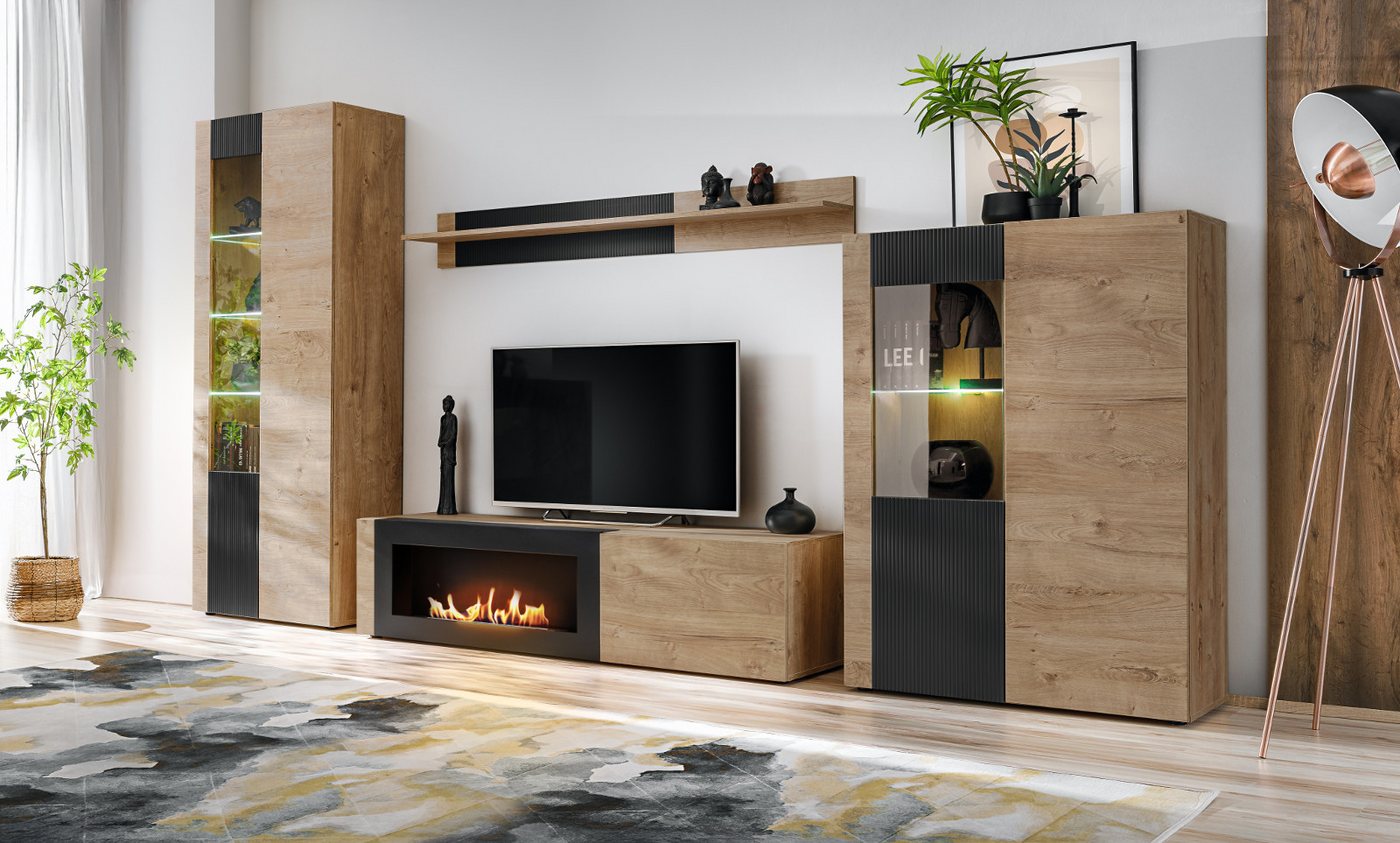 Inn.Furn Wohnwand Heron, (Schrankwand mit integriertem Kamin, 4-St., Eiche und Schwarz, 350 cm), Push-To-Open, inklusive LED Beleuchtung – Bild 2 von 5
