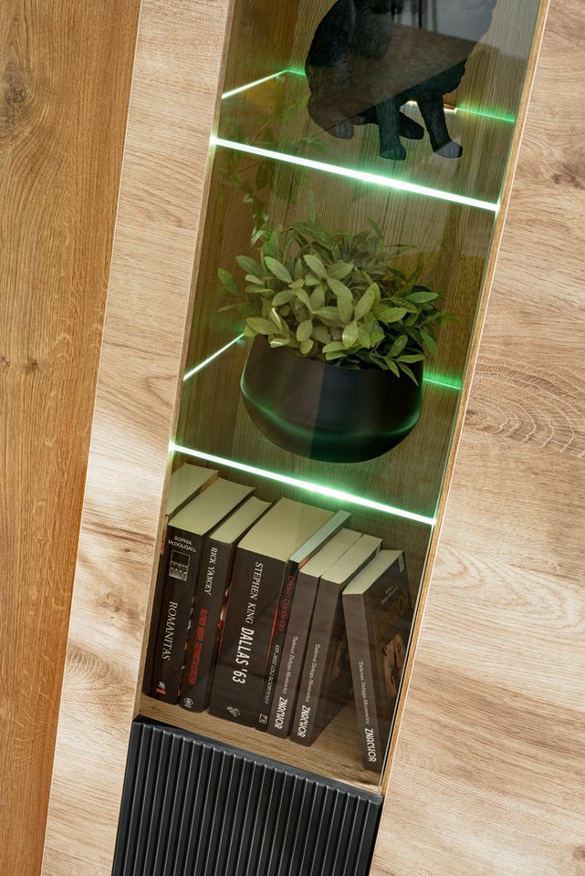 Inn.Furn Wohnwand Heron, (Schrankwand mit integriertem Kamin, 4-St., Eiche und Schwarz, 350 cm), Push-To-Open, inklusive LED Beleuchtung – Bild 4 von 5