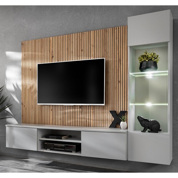 Inn.Furn Wohnwand iLike, (Fernsehschrank in hellem Grau mit Eiche Artisan, Breite 200), mit Push-To-Open, inklusive Beleuchtung