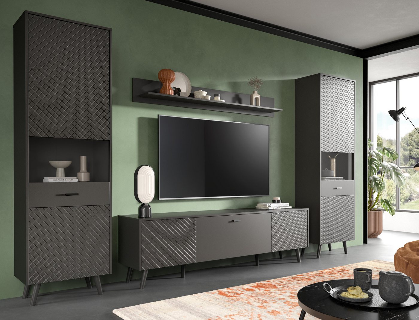 Inn.Furn Wohnwand Madea, (Schrankwand in mattem Grau, 4-teilig, 330 x 195 cm), mit Rautenfräsung, Push-To-Open – Bild 2 von 5