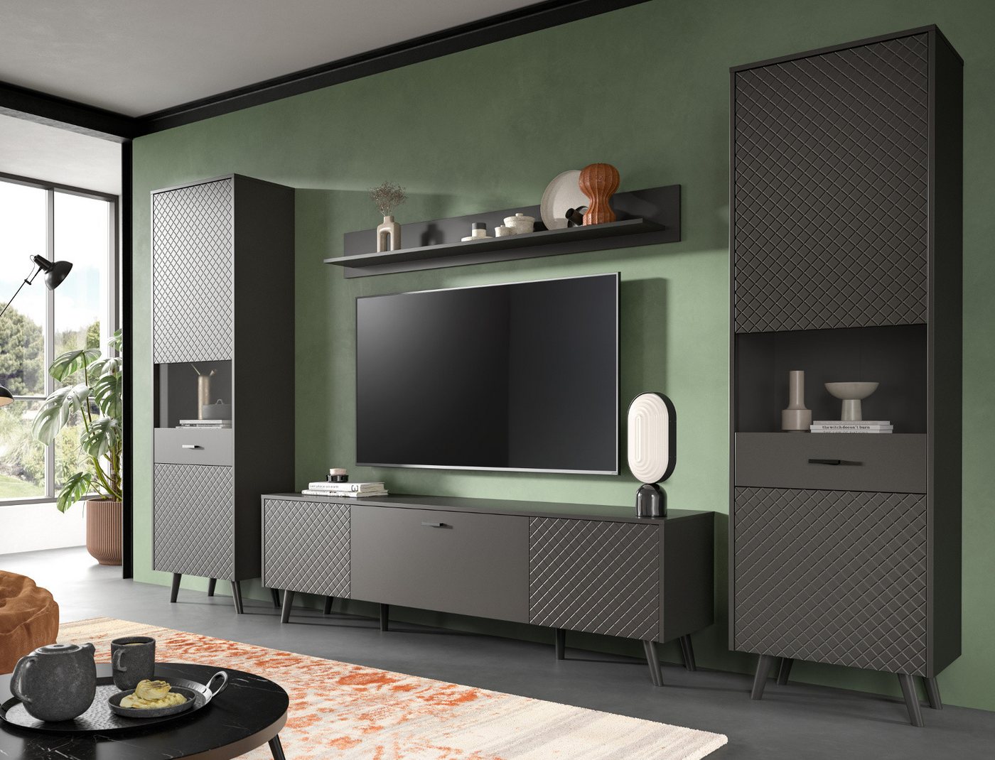 Inn.Furn Wohnwand Madea, (Schrankwand in mattem Grau, 4-teilig, 330 x 195 cm), mit Rautenfräsung, Push-To-Open – Bild 3 von 5