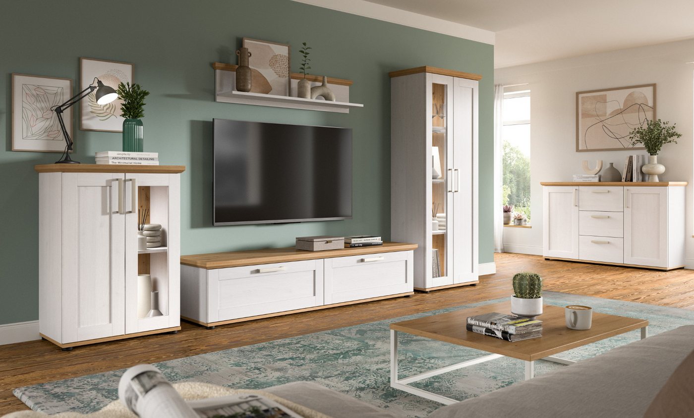 Inn.Furn Wohnwand Mirano, (in weiß Lärche Landhaus und Eiche Artisan, 4-teilig, 316 x 161 cm), mit viel Stauraum, verschiedene Stellmöglichkeiten – Bild 3 von 5