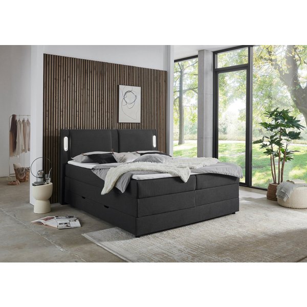 INOSIGN Boxbett ELVERTA, Polsterbett mit Bettkasten, inkl. Taschenfederkernmatratze H3, mit Topper und LED-Beleuchtung, Strukturstoff-Bezug, 180x200 cm