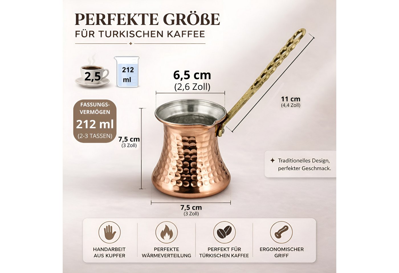 inovesis Kaffeekanne Handgemachte Kupfer, Cezve, Traditionelle Türkische Kaffeekanne, (Schnelle und gleichmäßige Wärmeleitung, Langer, hitzebeständiger und stab – Bild 2 von 5