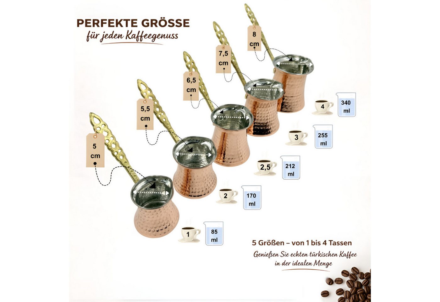 inovesis Kaffeekanne Handgemachte Kupfer, Cezve, Traditionelle Türkische Kaffeekanne, (Schnelle und gleichmäßige Wärmeleitung, Langer, hitzebeständiger und stab – Bild 3 von 5