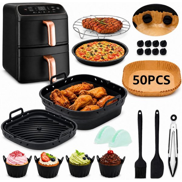 Insma Backform Airfryer Zubehör,Heißluftfritteuse Zubehör Set,Silikonformen,BPA-frei, (21-tlg), Silikonkorb faltbar, Backpapier, Grillrost, Pizzablech & Küchenz