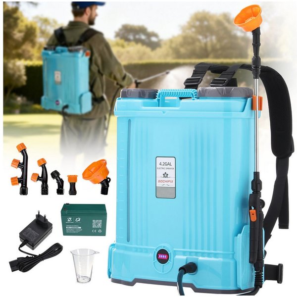Insma Drucksprühgerät 16L Elektrisches Gartensprühgerät mit 5 verstellbaren Sprühdüsen, Akku-Drucksprühgerät mit Doppelter Schultergurte für Gartenspritze
