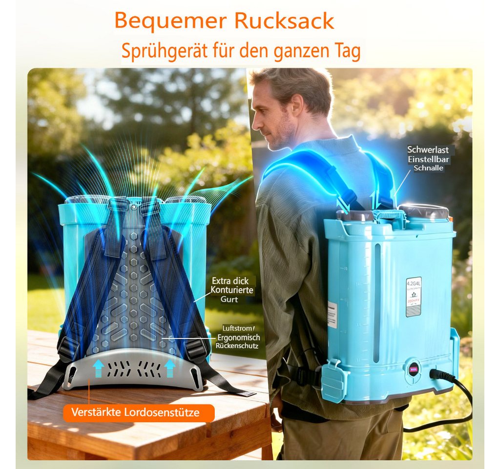 Insma Drucksprühgerät 16L Elektrisches Gartensprühgerät mit 5 verstellbaren Sprühdüsen, Akku-Drucksprühgerät mit Doppelter Schultergurte für Gartenspritze – Bild 4 von 5