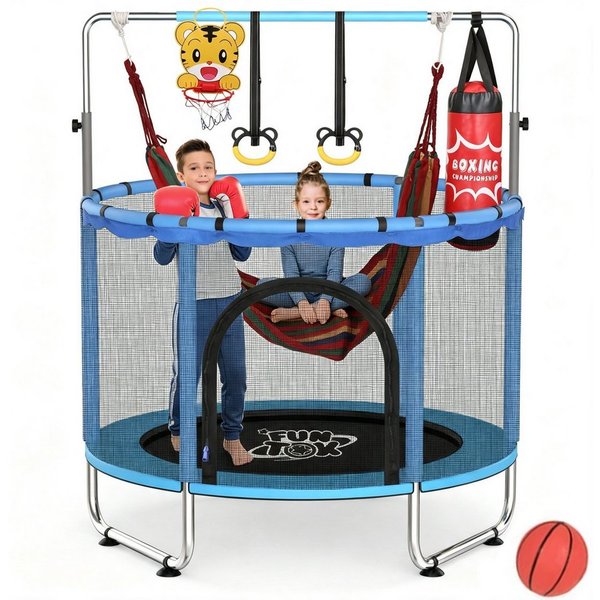Insma Kindertrampolin Jumpingtrampolin Indoor Trampolin, Ø 140 cm, mit Sicherheitsnetz, Schaukel,Basketballkorb,Ring, Sandsack bis 200kg