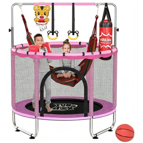 Insma Kindertrampolin Kinder Jumpingtrampolin Indoor Trampolin, Ø 140 cm, mit Sicherheitsnetz, Schaukel,Basketballkorb,Ring, Sandsack bis 200kg