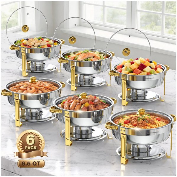 Insma Speisenwärmer 6,15L Luxus Chafing Dish Speisenwärmer Set, (6-tlg., Rund, 6,5 QT Edelstahl mit Deckelhalter und Glasdeckel), Buffet Warmhalter-Set für Cate