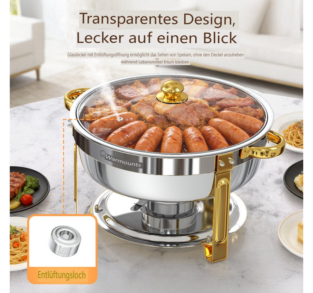 Insma Speisenwärmer 6,15L Luxus Chafing Dish Speisenwärmer Set, (6-tlg., Rund, 6,5 QT Edelstahl mit Deckelhalter und Glasdeckel), Buffet Warmhalter-Set für Cate – Bild 3 von 5