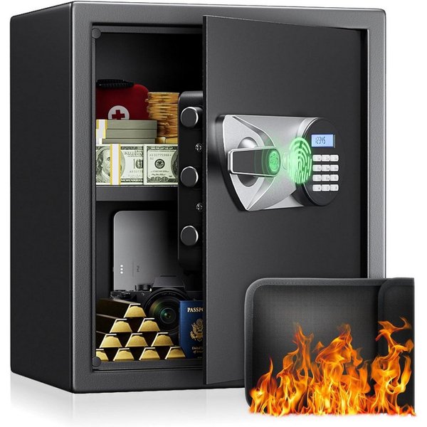 Insma Tresor Möbeltresor Fingerabdruck Digital Zahlencode Safebox, Doppelte Warnung (Wandtresor Stahl 33x33x36cm), mit LED-Beleuchtung und Notschlüssel für Büro
