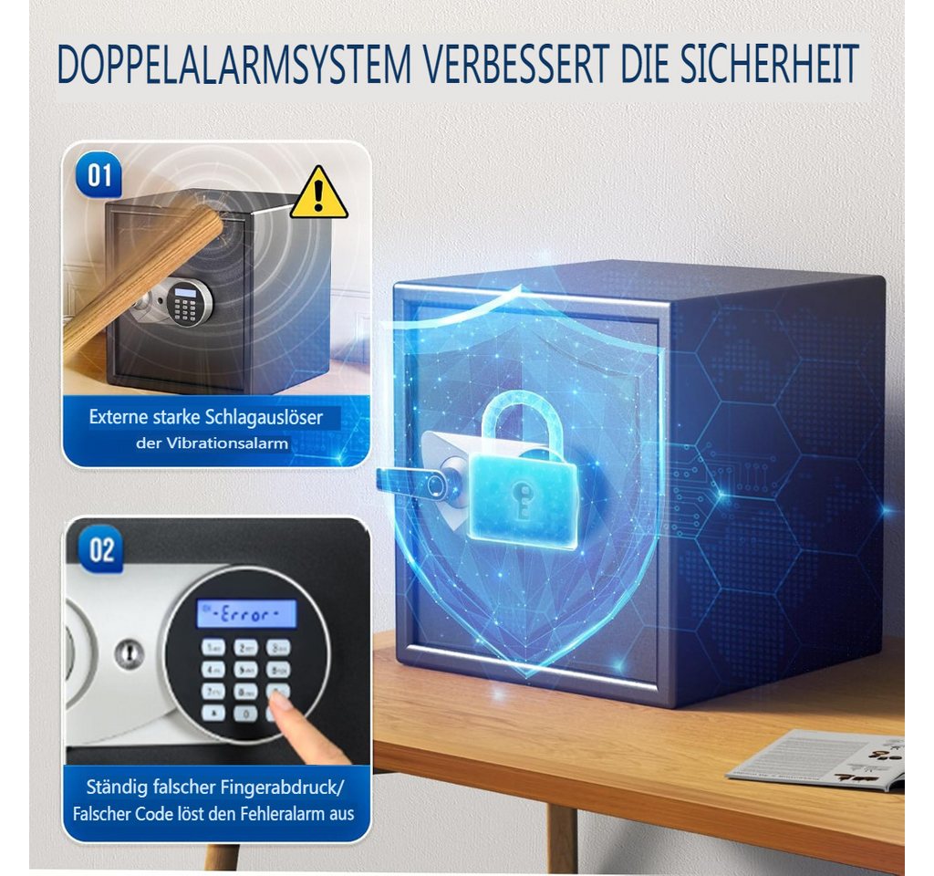 Insma Tresor Möbeltresor Fingerabdruck Digital Zahlencode Safebox, Doppelte Warnung (Wandtresor Stahl 33x33x36cm), mit LED-Beleuchtung und Notschlüssel für Büro – Bild 2 von 5