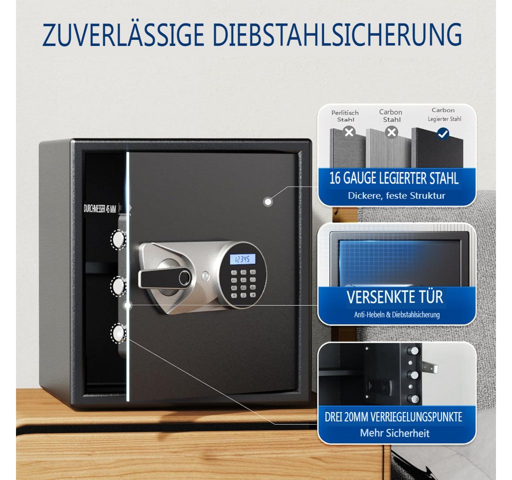 Insma Tresor Möbeltresor Fingerabdruck Digital Zahlencode Safebox, Doppelte Warnung (Wandtresor Stahl 33x33x36cm), mit LED-Beleuchtung und Notschlüssel für Büro – Bild 4 von 5