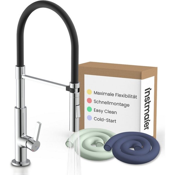 instmaier Küchenarmatur Nova, Spültischarmatur mit hohem Auslauf, flexible Handbrause mit austauschbaren, farbigen Schläuchen, 2 Strahlarten