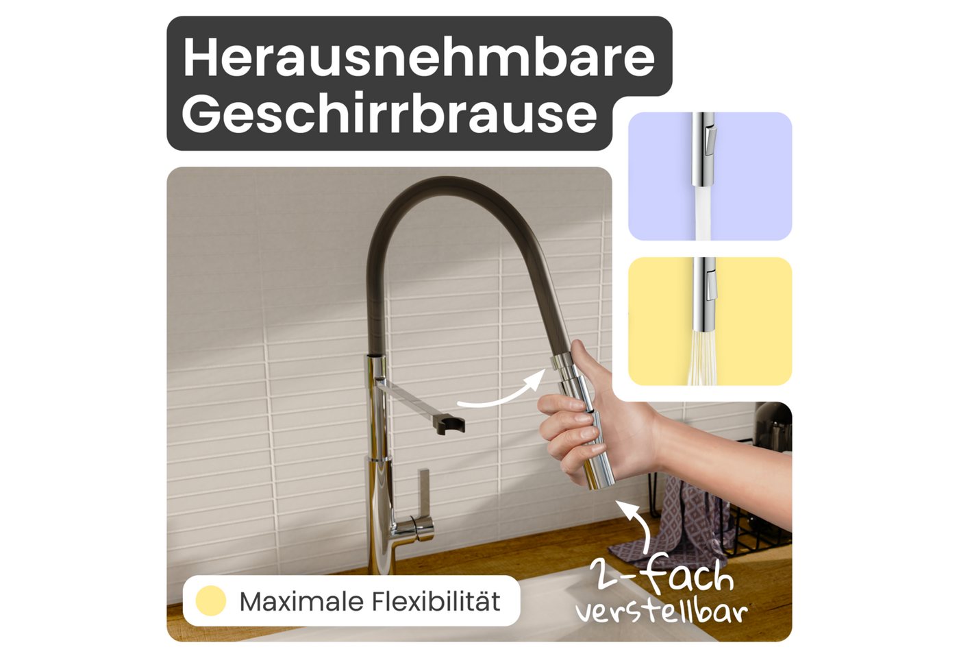 instmaier Küchenarmatur Nova, Spültischarmatur mit hohem Auslauf, flexible Handbrause mit austauschbaren, farbigen Schläuchen, 2 Strahlarten – Bild 3 von 5