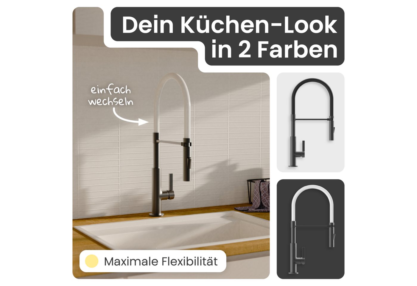 instmaier Küchenarmatur Nova, Spültischarmatur mit hohem Auslauf, flexible Handbrause 2 Strahlarten – Bild 4 von 5