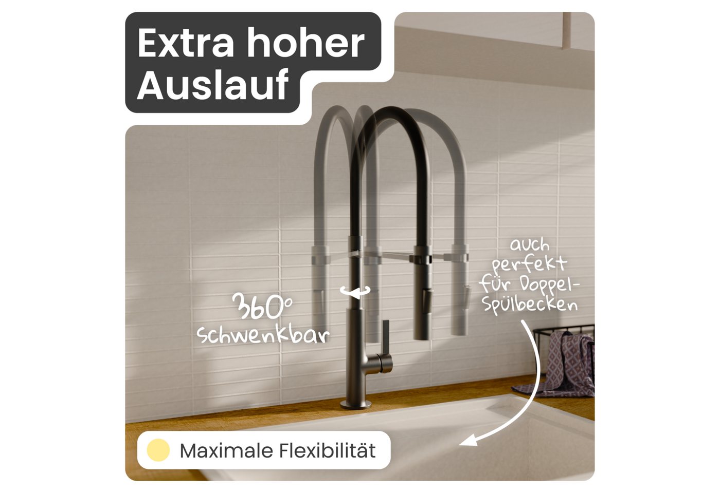 instmaier Küchenarmatur Nova, Spültischarmatur mit hohem Auslauf, flexible Handbrause 2 Strahlarten – Bild 5 von 5