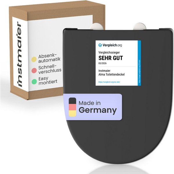 instmaier WC-Sitz Alma, Made in Germany, bakterienabweisendes Duroplast, bis 250kg, Schwarz Glänzend, mit Absenkautomatik, zur Reinigung abnehmbar