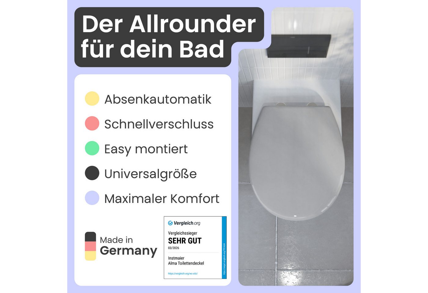 instmaier WC-Sitz Alma, Made in Germany, bakterienabweisendes Duroplast, bis 250kg, Manhattan-Grau, mit Absenkautomatik, zur Reinigung abnehmbar – Bild 2 von 5