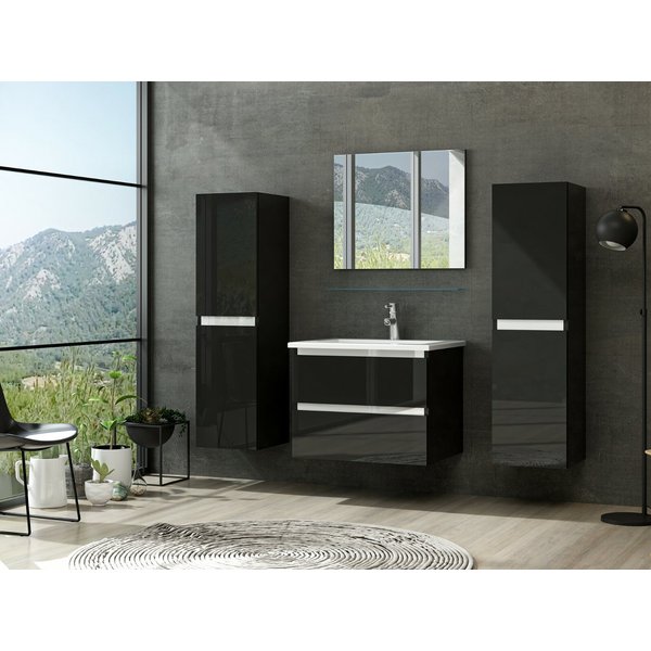 inter Badmöbel-Set Kairo inkl. Waschtisch und Spiegelschrank, (60 cm, Schwarz mit Spiegel, Ablage, Hochschränken, Unterschrank und Becken)