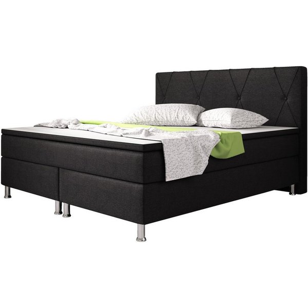 inter Boxspringbett Boston 180x200 cm Webstoff mit 7 Zonen Taschenfedernkern und Topper (180x200 cm, Schwarz mit 7 Zonen Taschenfedernkernmatratzen und Topper),