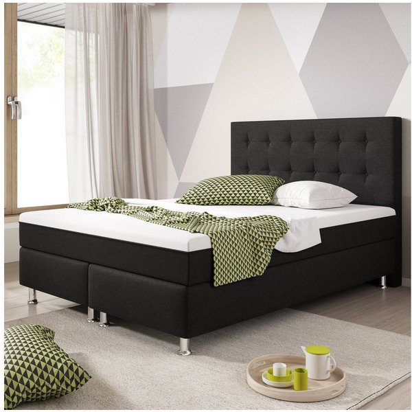 inter Boxspringbett Köln Plus 140x200 cm Webstoff mit 7 Zonen TFK und Topper-Optik (140x200 cm, Schwarz inkl. 7 Zonen Taschenfedernkernmatratze mit Topper-Optik