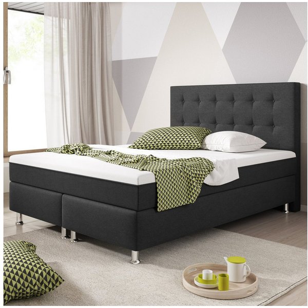 inter Boxspringbett Köln Plus 140x200 cm Webstoff mit 7 Zonen TFK und Topper-Optik (140x200 cm, Anthrazit inkl. 7 Zonen Taschenfedernkernmatratze mit Topper-Opt